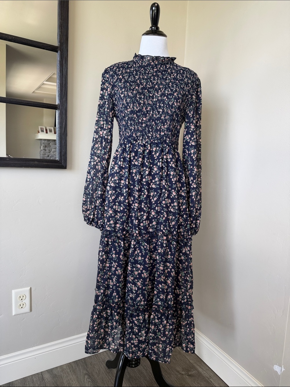 Petal & Pup Navy Floral Smocked Maxi Dress with Pink Flowers